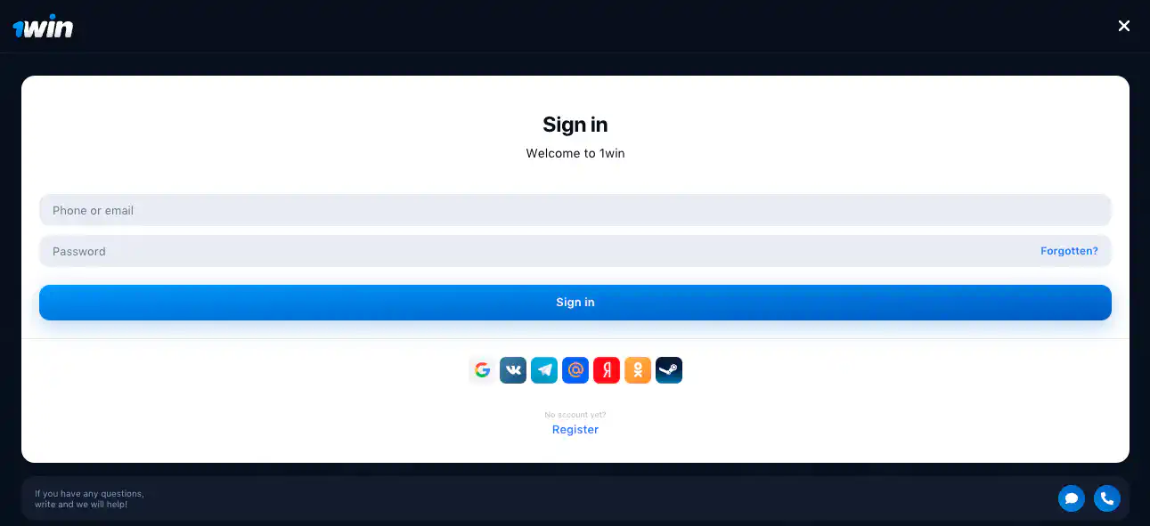 1win Sign in form
